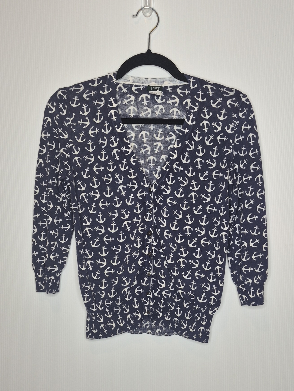 J. Crew Navy and White Anchor-Print Cardigan 100% Cotton Size Small